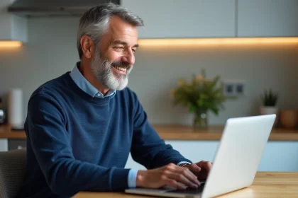Homme d'âge moyen souriant utilisant un site santé sur son ordinateur