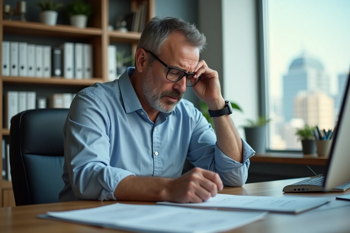 Homme stressé au bureau en pleine concentration