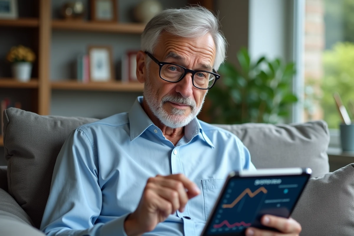 Homme consulte un graphique de tension artérielle sur une tablette