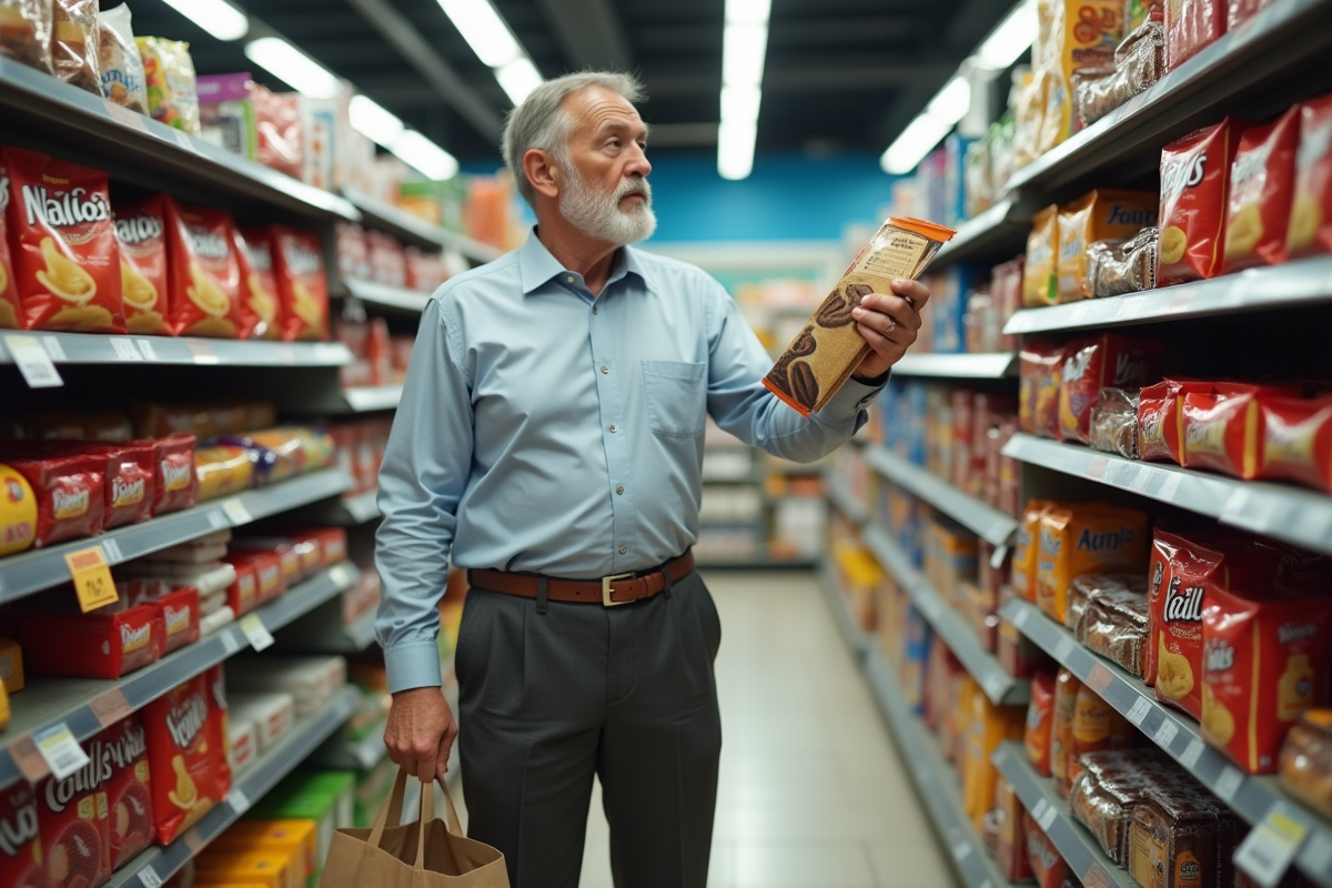 Homme en chemise examine une étiquette dans un supermarché
