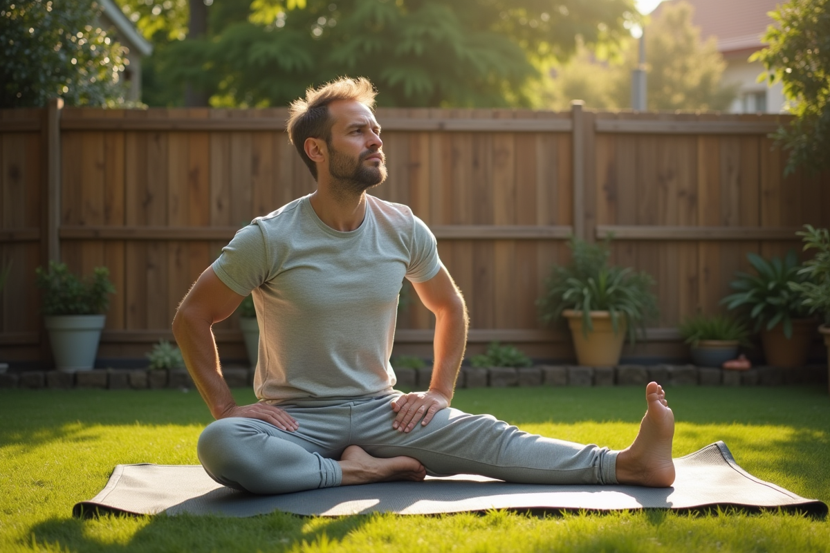 Homme faisant du yoga dans un jardin ensoleille