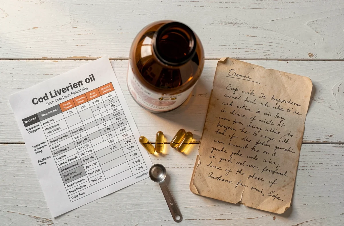 Vue de dessus d'un flacon d'huile de foie de morue entouré de capsules renversées et d'un tableau de dosage, illustrant les risques de surdosage