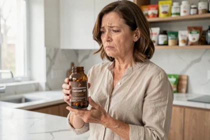 Femme d'âge mûr tenant un flacon d'huile de foie de morue dans sa cuisine, expression préoccupée face aux risques de surdosage