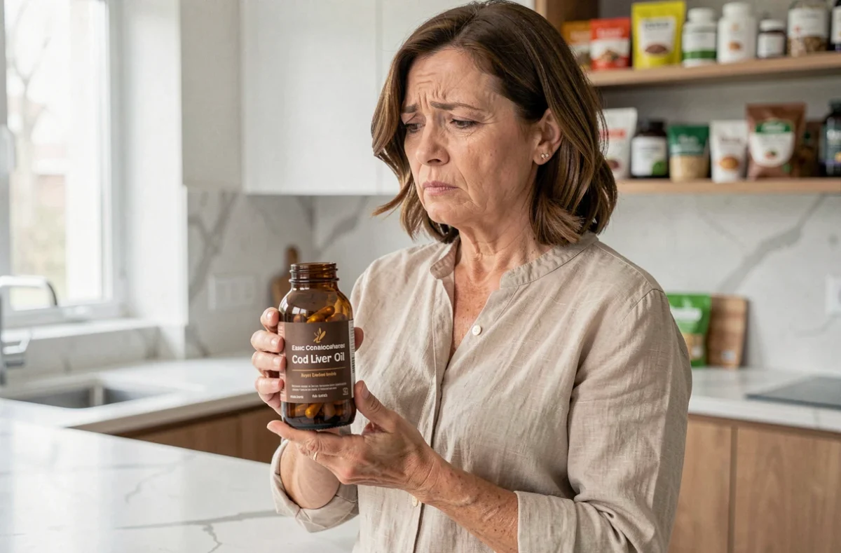 Femme d'âge mûr tenant un flacon d'huile de foie de morue dans sa cuisine, expression préoccupée face aux risques de surdosage