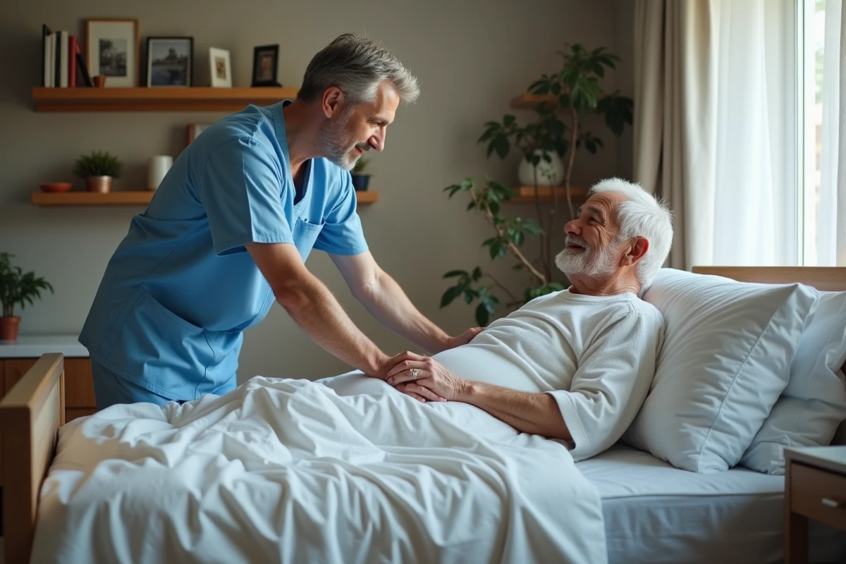 Infirmier aidant une personne agee dans un lit à domicile