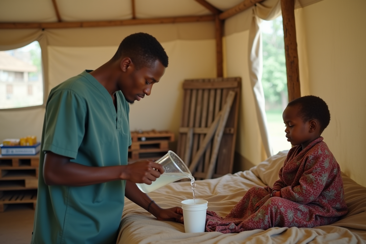Jeune infirmier versant eau de riz pour un enfant dans tente