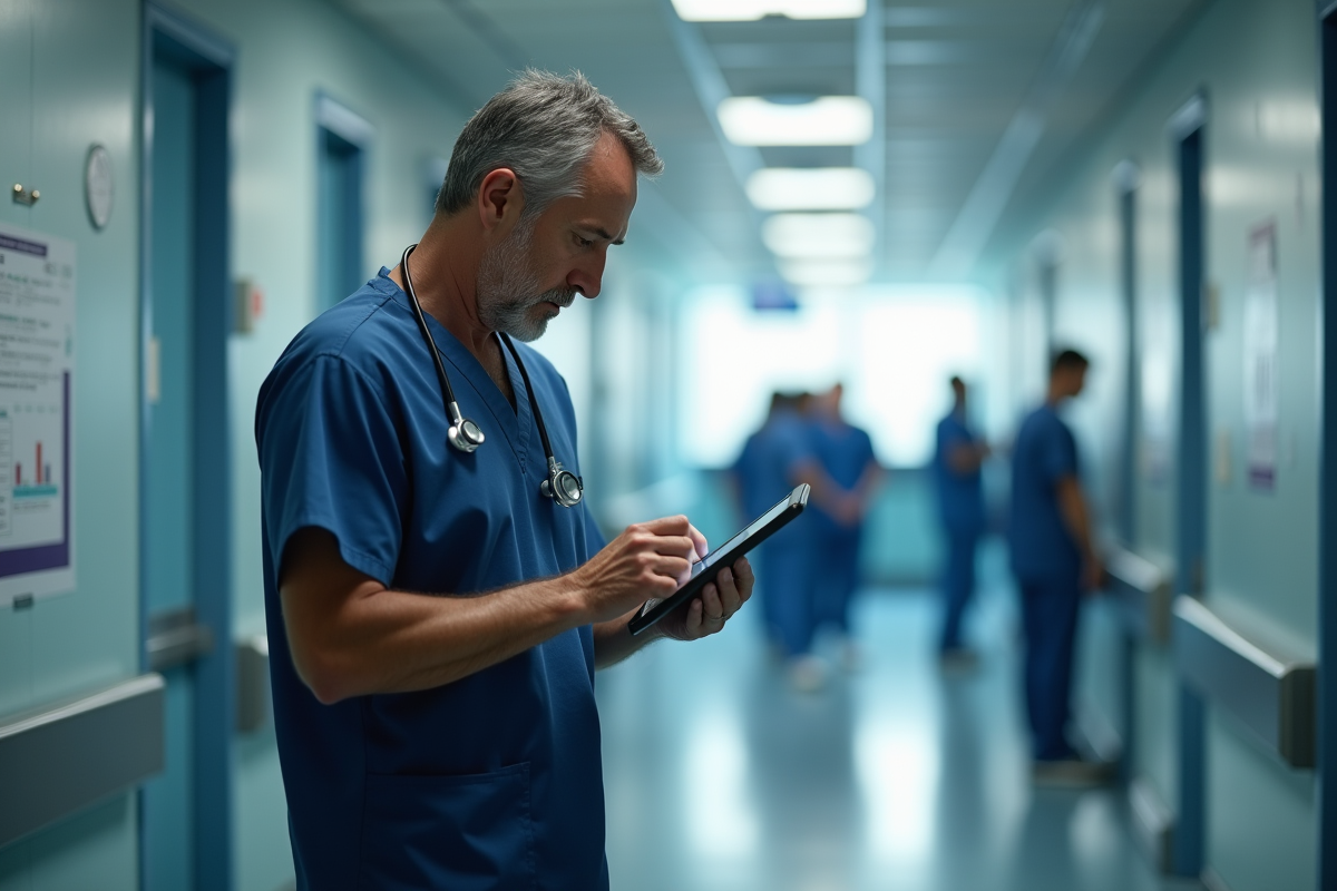 Infirmier en train de mettre à jour un dossier patient sur une tablette