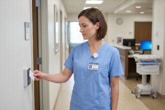 Infirmière utilisant un badge NFC pour accéder à une salle de soins dans un couloir d'hôpital moderne