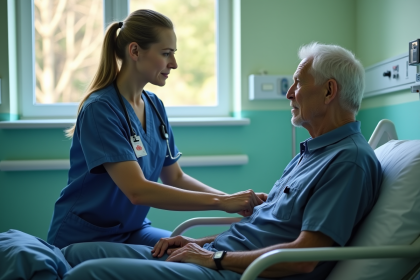 Infirmière en blouse navy aide un patient âgé dans une salle d'hôpital