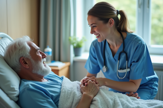 Infirmière compatissante avec patient âgé souriant