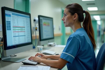 Infirmière consultant un plan de soins numérique sur NETSoins à son poste de travail hospitalier