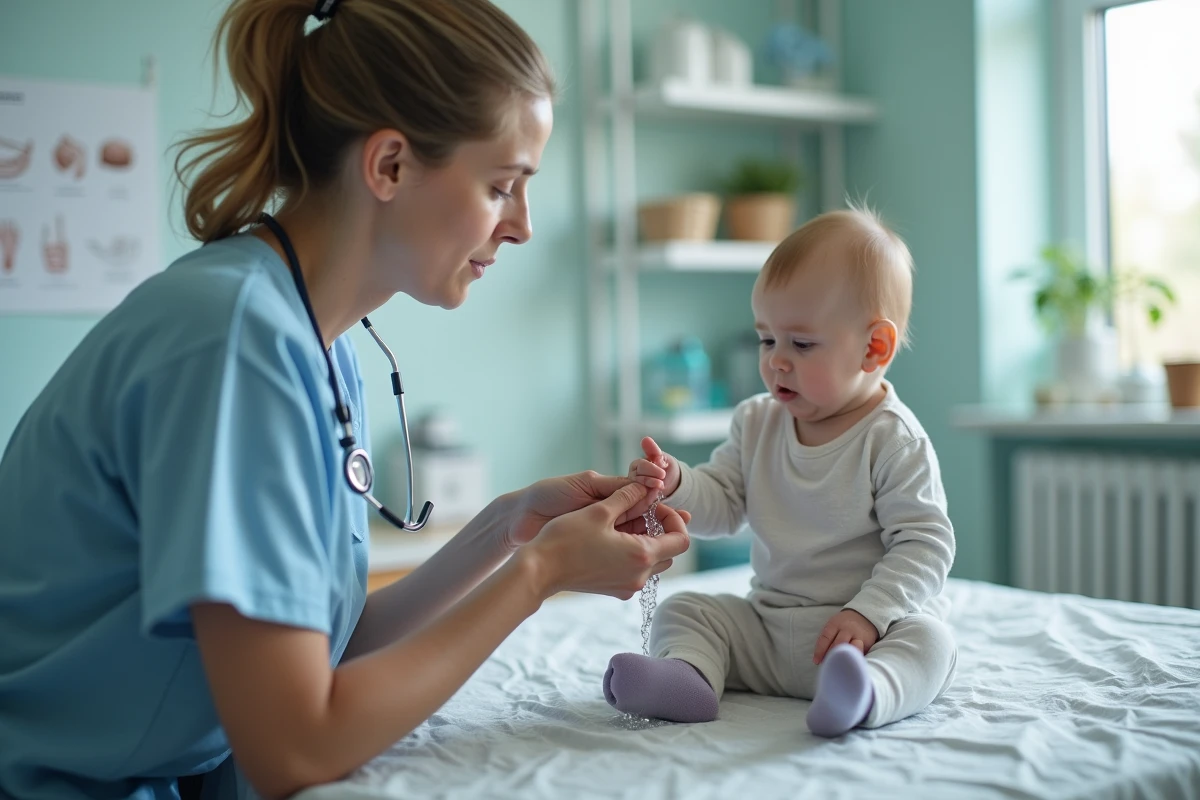 Infirmière pédiatrique appliquant de l'eau fraîche sur le doigt d'un bébé lors d'un soin pour brûlure légère