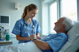 Infirmière soignant un patient âgé dans une chambre d'hôpital