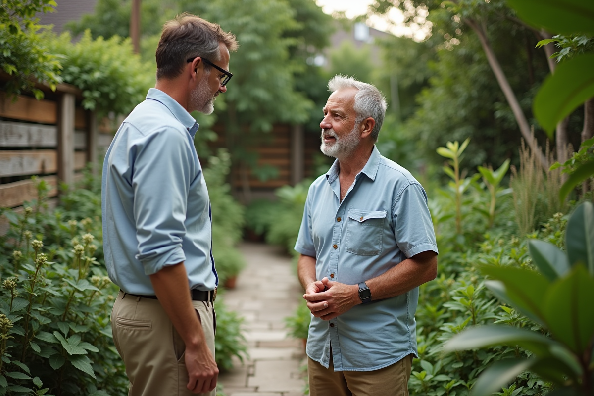 Homme guidant une consultation dans un jardin d
