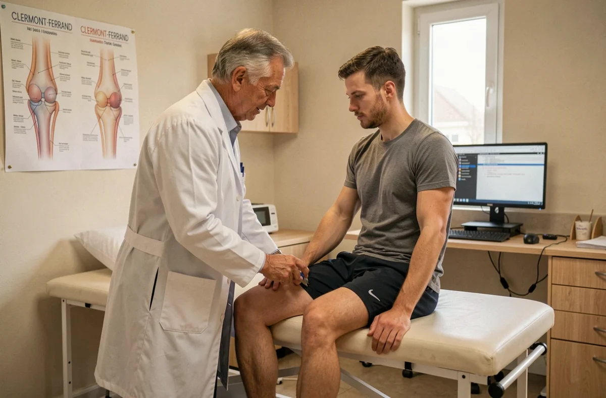 Kinésithérapeute évaluant l'état du genou d'un patient sportif dans un cabinet de kinésithérapie à Clermont-Ferrand