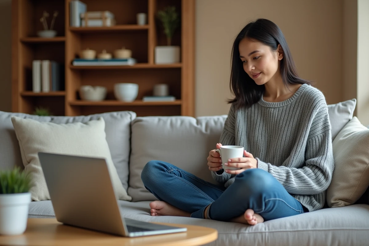 Jeune femme chez elle lisant un blog de chirurgie dentaire sur ordinateur portable pour vaincre sa peur du dentiste