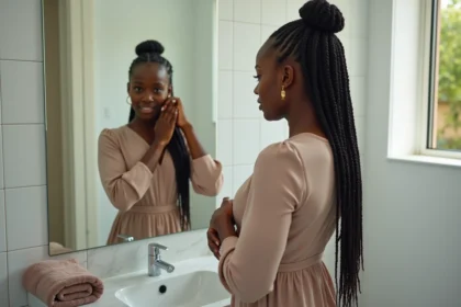 Jeune femme noire aux braids se regarde dans le miroir
