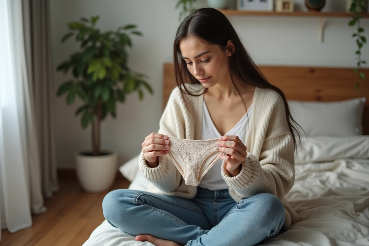 Jeune femme examine une lingerie menstruelle dans sa chambre