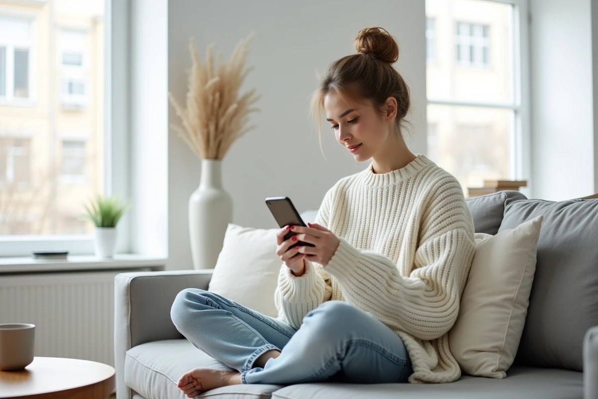Jeune femme parcourant un site de magazine sur smartphone installée confortablement dans un salon minimaliste