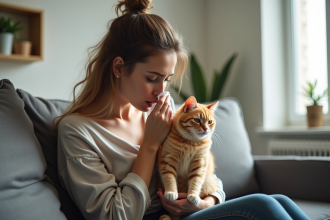 Jeune femme assise sur un canapé avec un chat en main