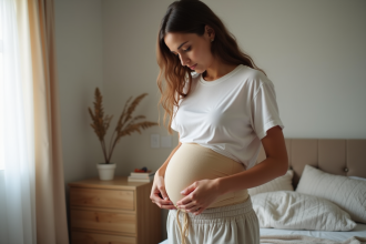 Jeune mère en train de poser une bande postpartum dans sa chambre