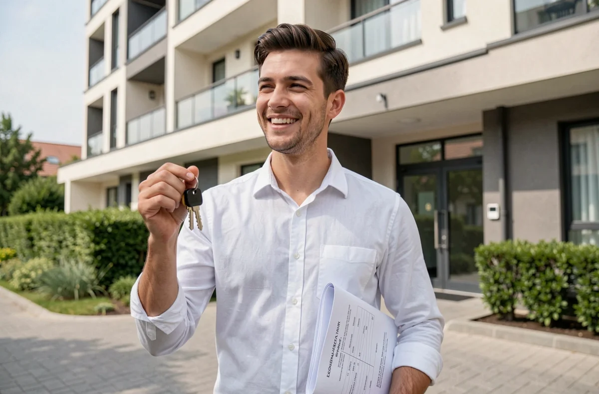 Jeune propriétaire souriant devant son appartement après souscription d'un prêt immobilier avec assurance emprunteur