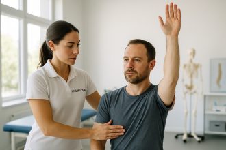 Photo hyperrealiste d un kine guidant un patient dans une clinique lumineuse
