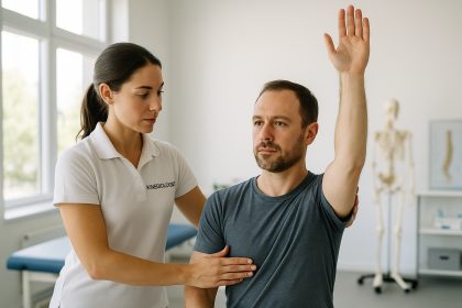 Photo hyperrealiste d un kine guidant un patient dans une clinique lumineuse