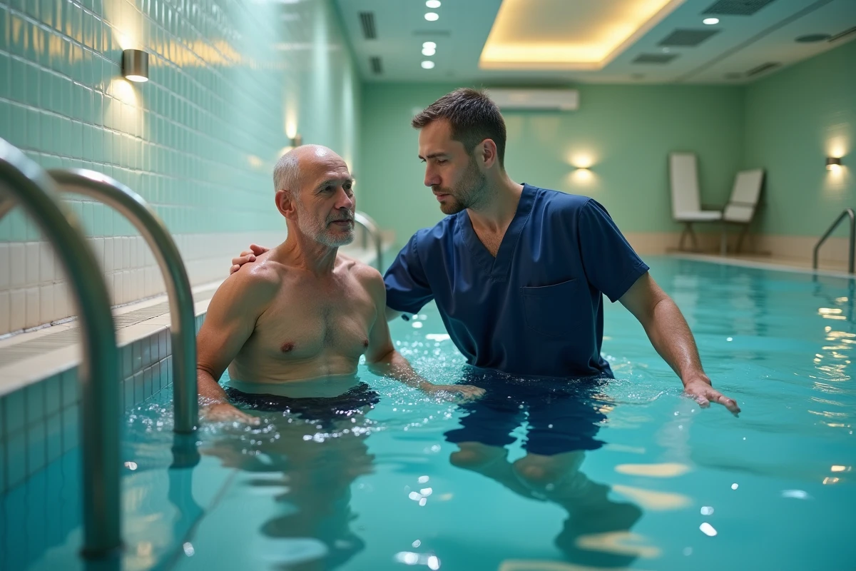 Kinésithérapeute accompagnant un patient lors d'une séance de balnéothérapie en cure thermale neurologique en France