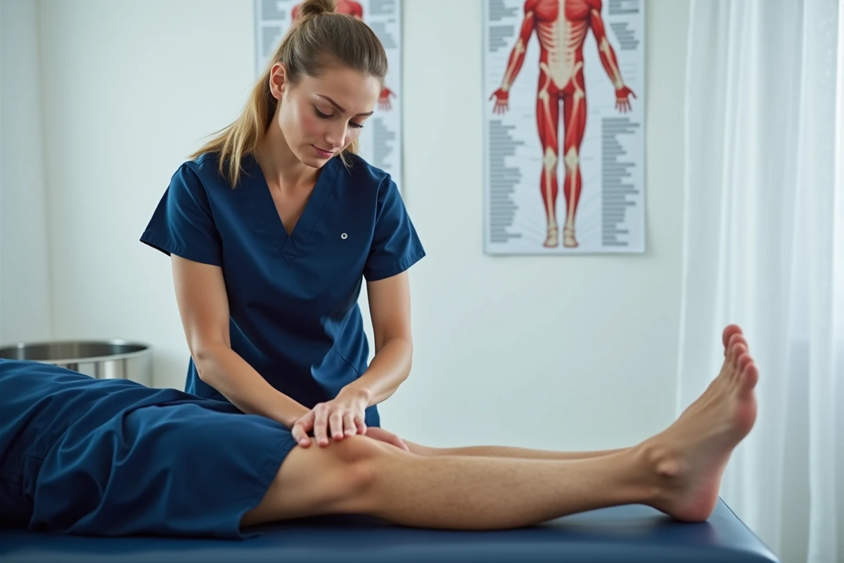 Kinésithérapeute pratiquant un massage du mollet sur un athlète en phase de récupération musculaire