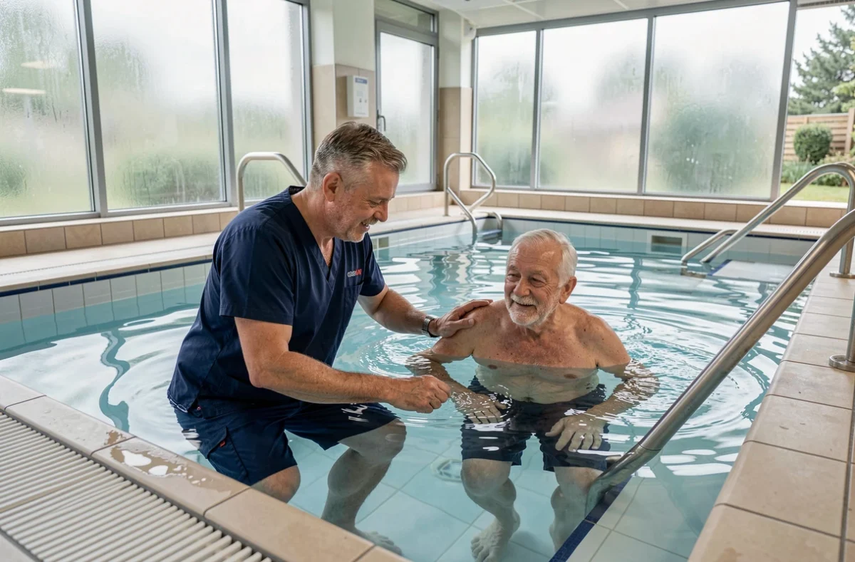 Kinésithérapeute guidant un patient âgé en rhumatologie lors d'une séance de rééducation en piscine thermale