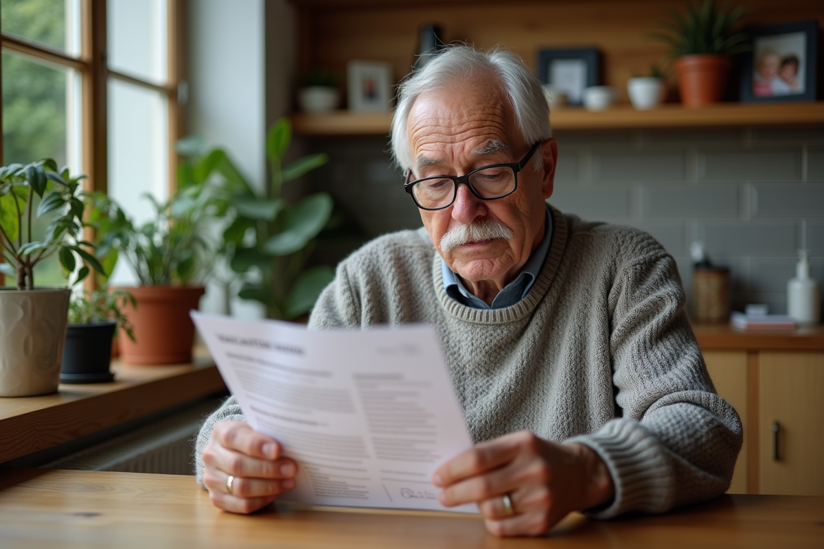 Homme âgé lisant une brochure de vaccination à la maison
