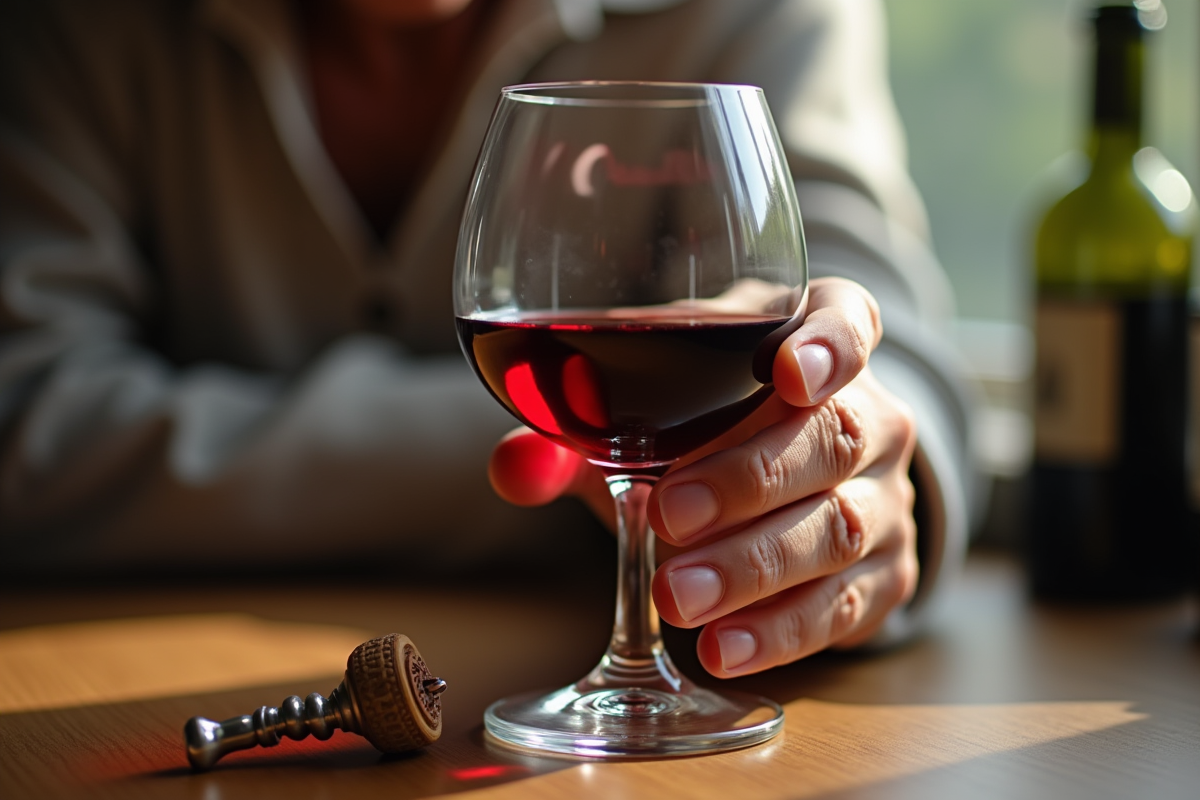Main de senior tenant un verre de vin rouge