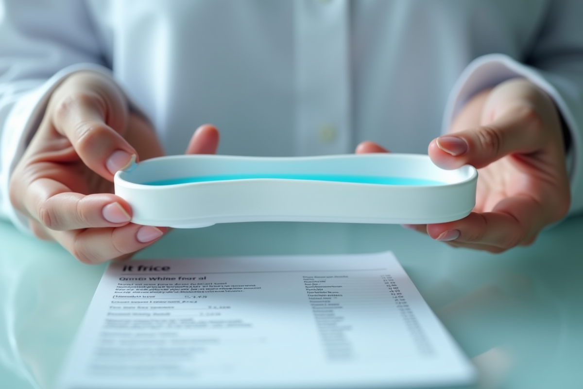 Mains tenant un plateau de gel de blanchiment sur une table