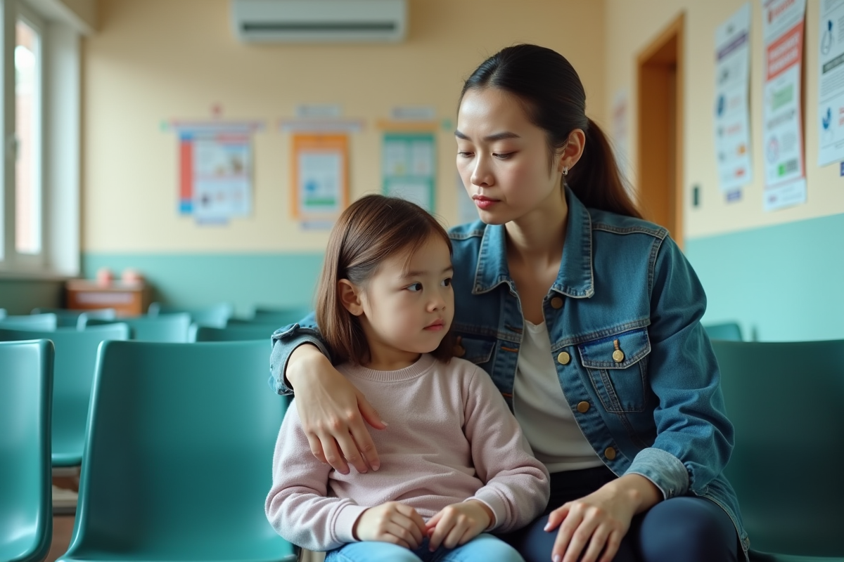 Maman rassure son enfant dans une salle d