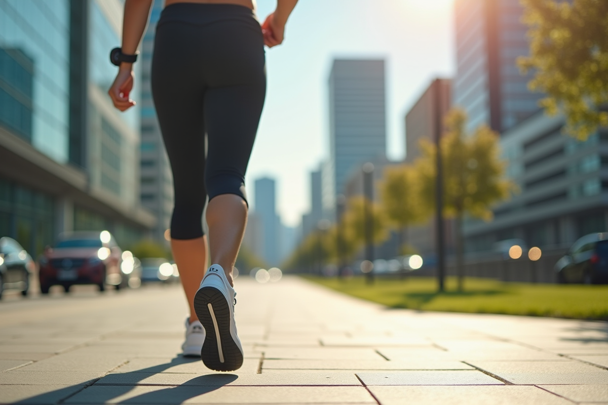 Personne en tenue sportive marchant dans la ville ensoleillée