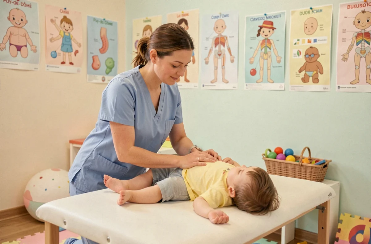 Kinésithérapeute pédiatrique réalisant une mobilisation douce des jambes d'un jeune enfant dans un cabinet adapté aux enfants dans le Puy-de-Dôme