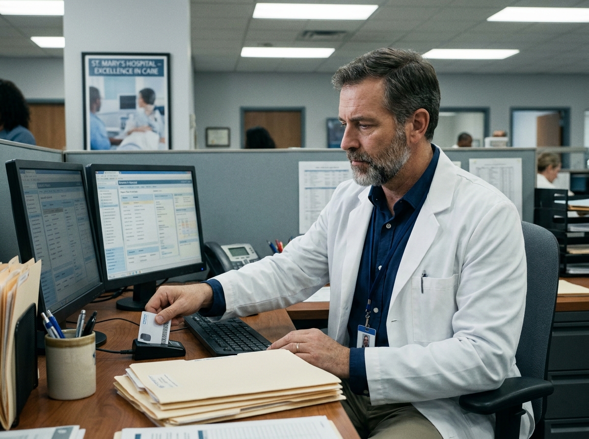 Médecin se connectant à un logiciel médical sécurisé via un lecteur de carte à puce dans un bureau hospitalier