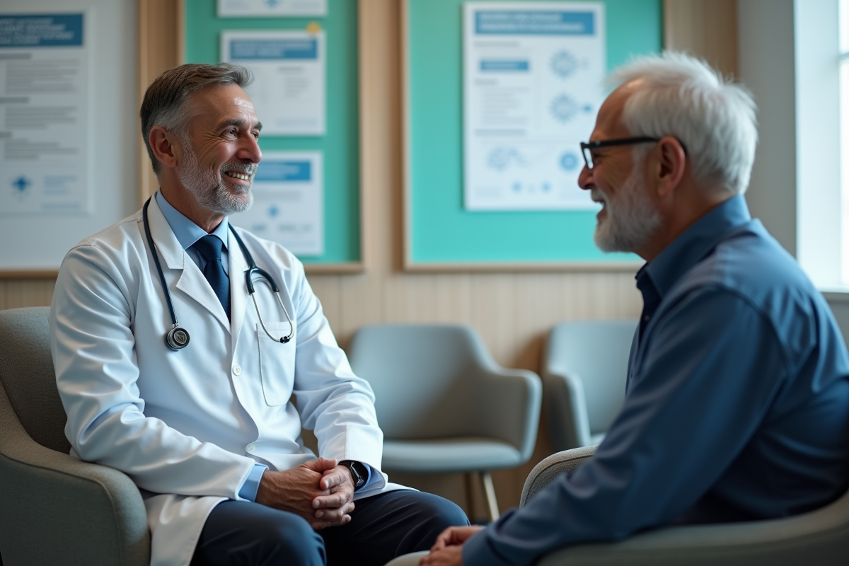 Médecin expliquant la vaccination à un senior dans une salle d