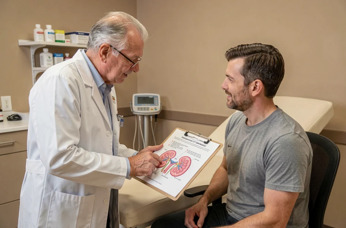 Médecin expliquant l'emplacement des reins à un patient à l'aide d'un schéma anatomique lors d'une consultation