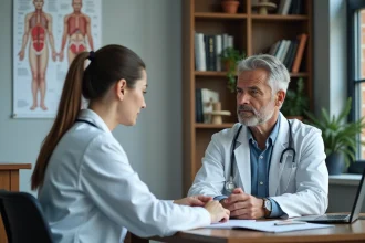 Medecin femme explique resultats a un patient homme