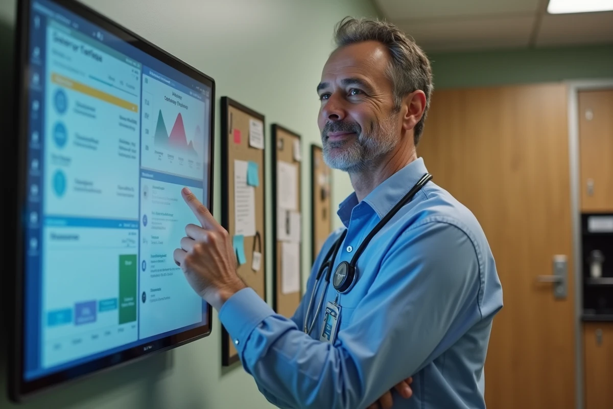 Medecin d age moyen consulte un tableau de carrière