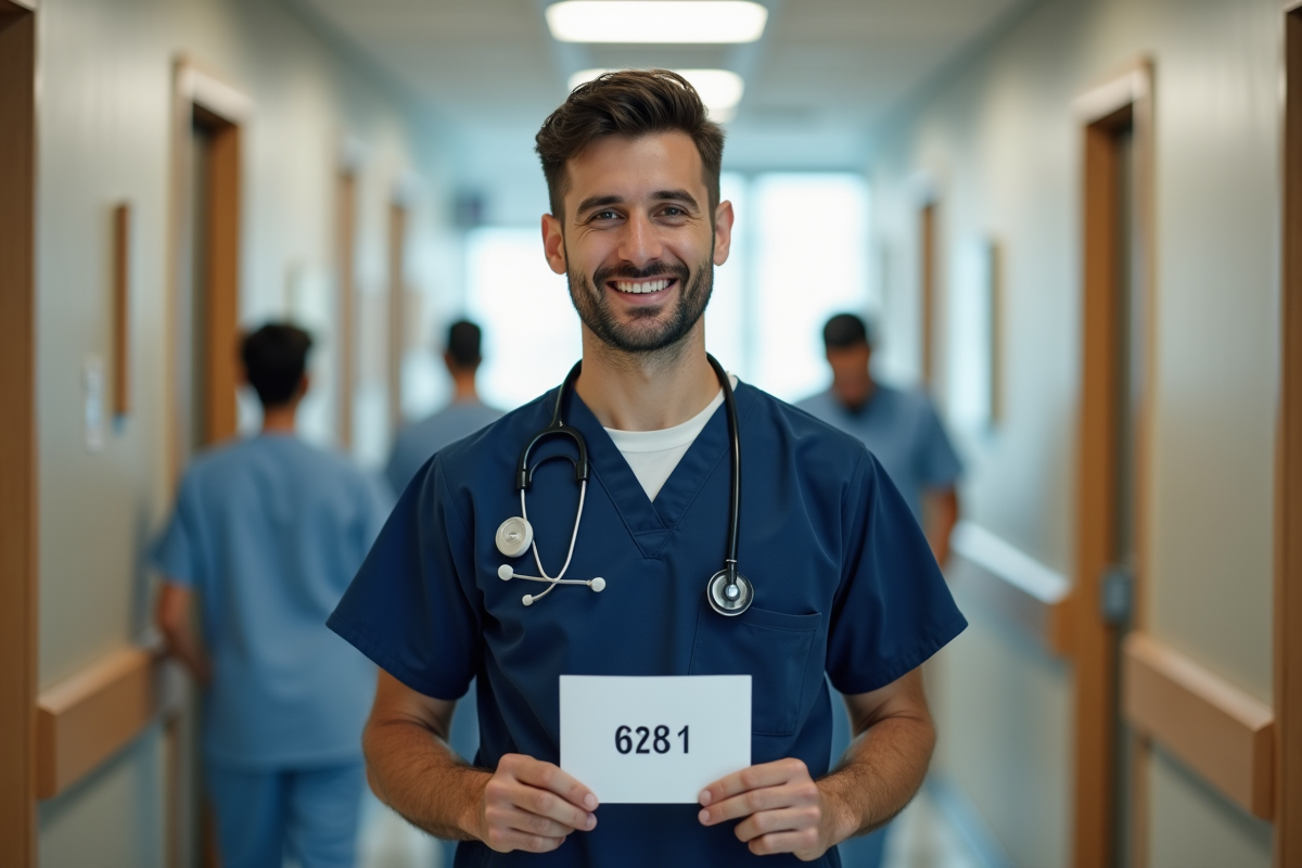 Jeune médecin en blouse dans un couloir d