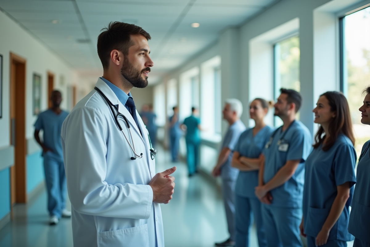 Jeune médecin parlant à un groupe dans un hôpital moderne