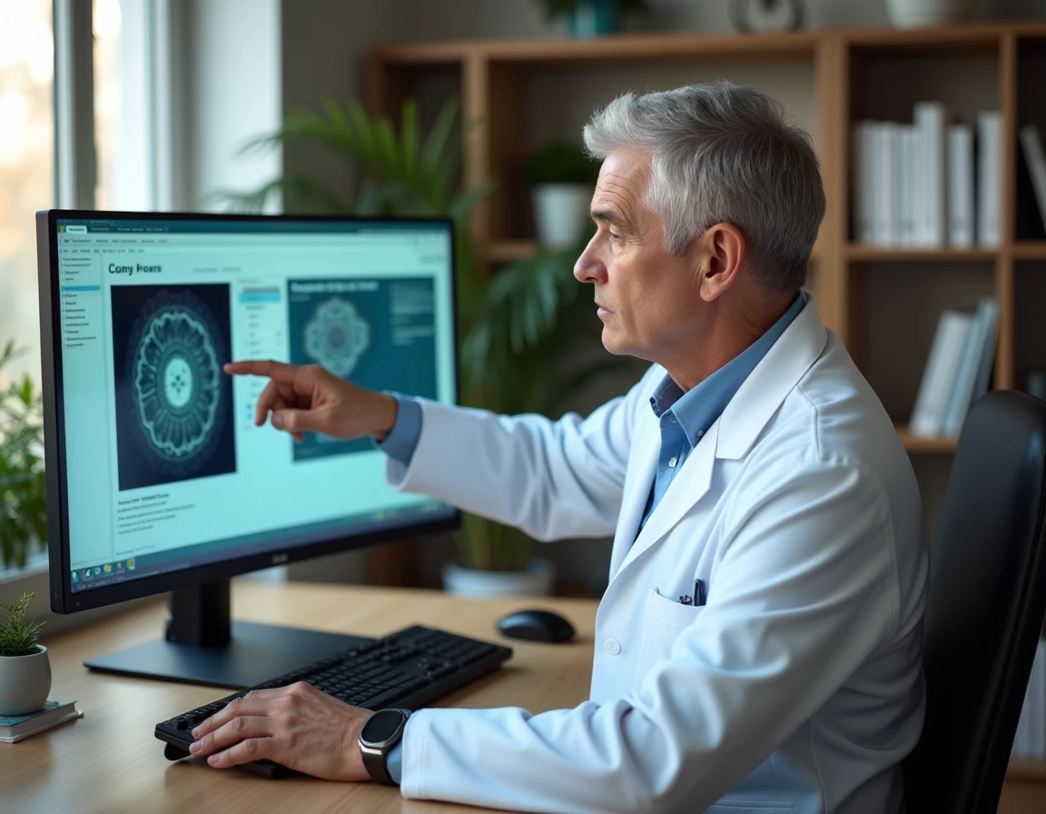 Médecin analysant des résultats d'examen cytologique urinaire sur ordinateur avec présence de cellules épithéliales rares