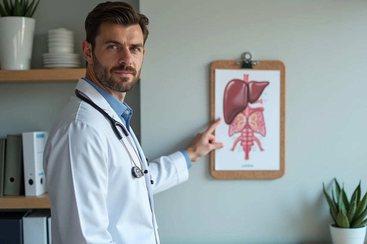 Médecin pointant un schéma anatomique du foie humain dans un cabinet médical, expliquant la régénération hépatique