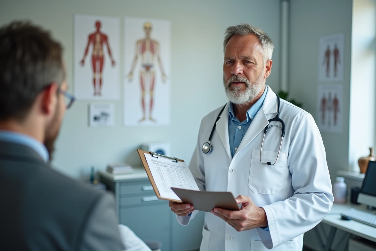 Médecin du travail tenant un dossier médical lors d'une consultation pour reconnaissance de maladie professionnelle