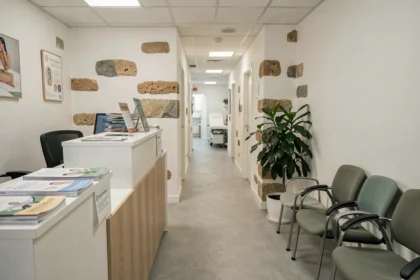 Salle d'attente d'un cabinet de kinésithérapie moderne dans le Puy-de-Dôme avec une ambiance professionnelle et accueillante