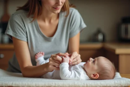 Mère examinant le doigt de son bébé avec attention dans une cuisine familiale, premiers secours brûlure bébé