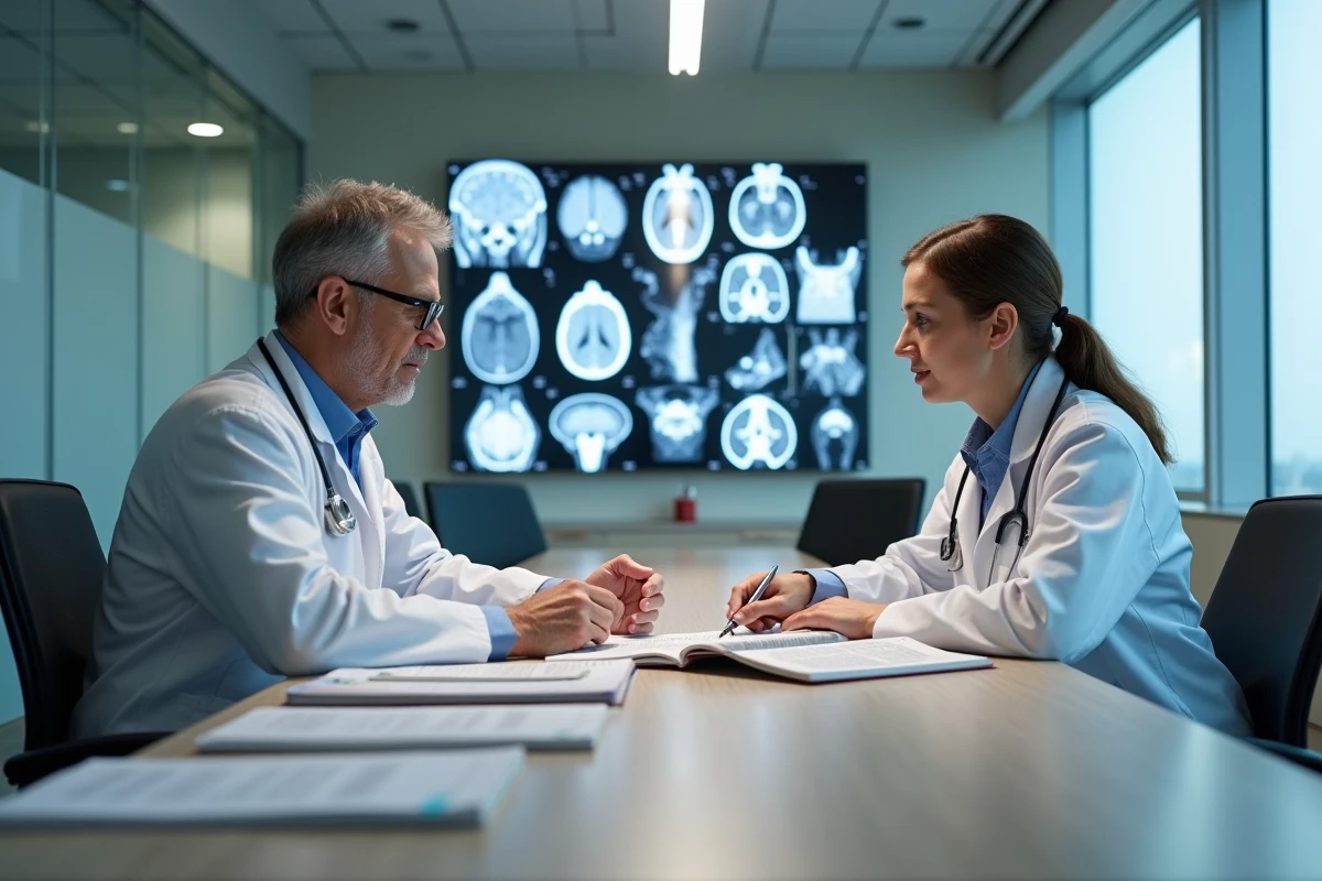 Deux neurologues collaborant sur des films IRM et dossiers médicaux pour distinguer des lésions bénignes et graves